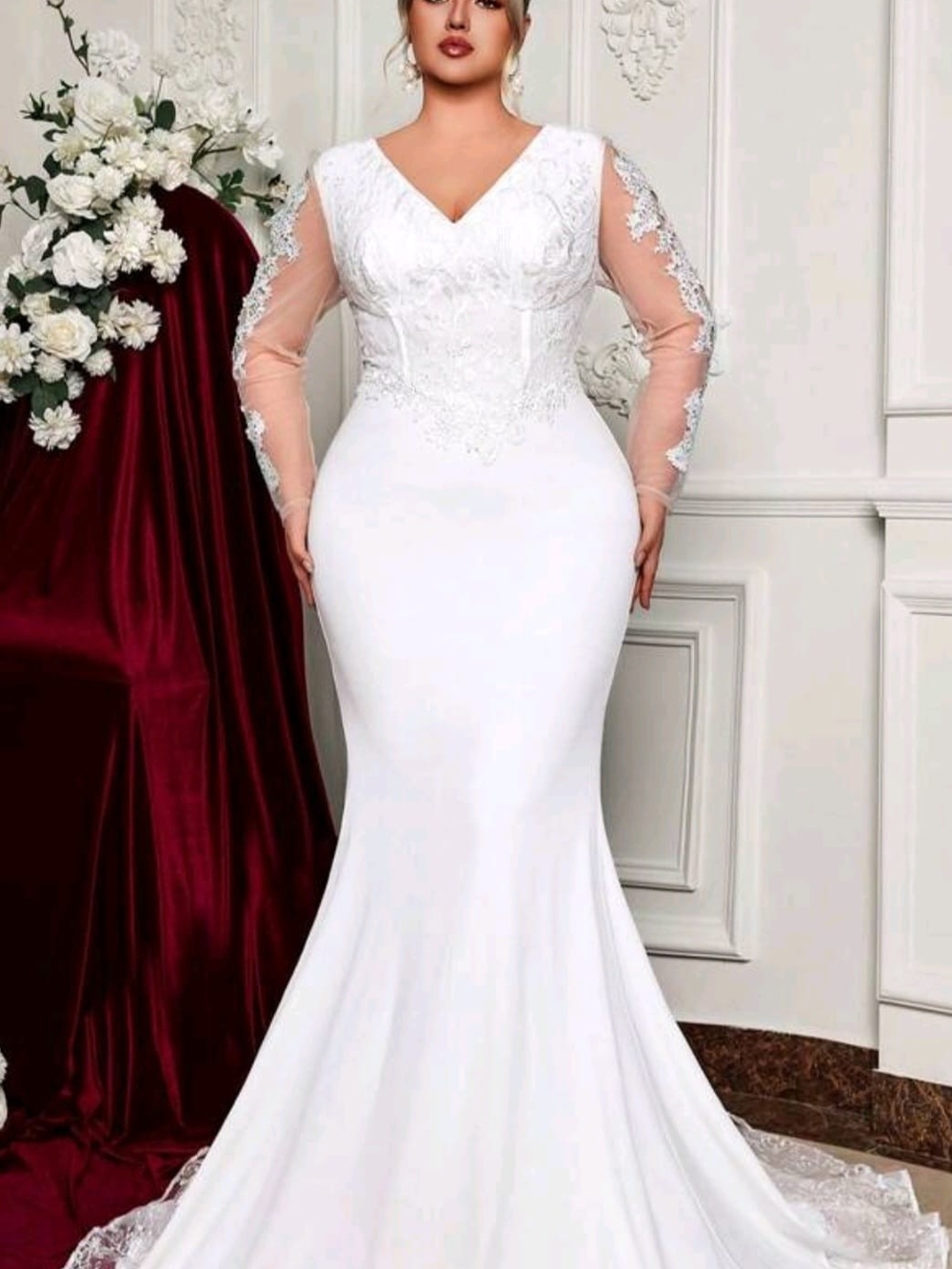 White Lace Long-Sleeve V-Neck Mermaid Dress